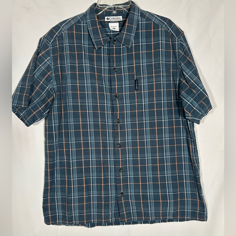 COLUMBIA BLUE W/YELLOW STRIPES FISH HIKING OUTDOOR BUTTON UP MENS XL